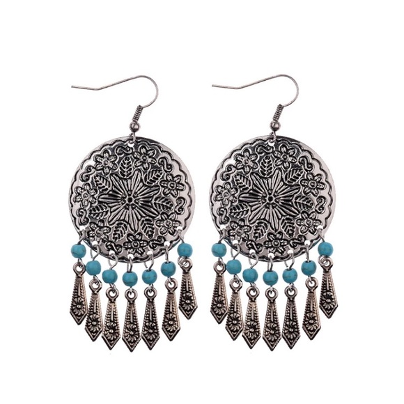 Jewelry - New Floral Turquoise and Silver Fishhook Earrings
